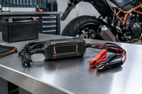 Chargeur compact noir pour batterie de moto posé sur un établi dans un atelier soigné.