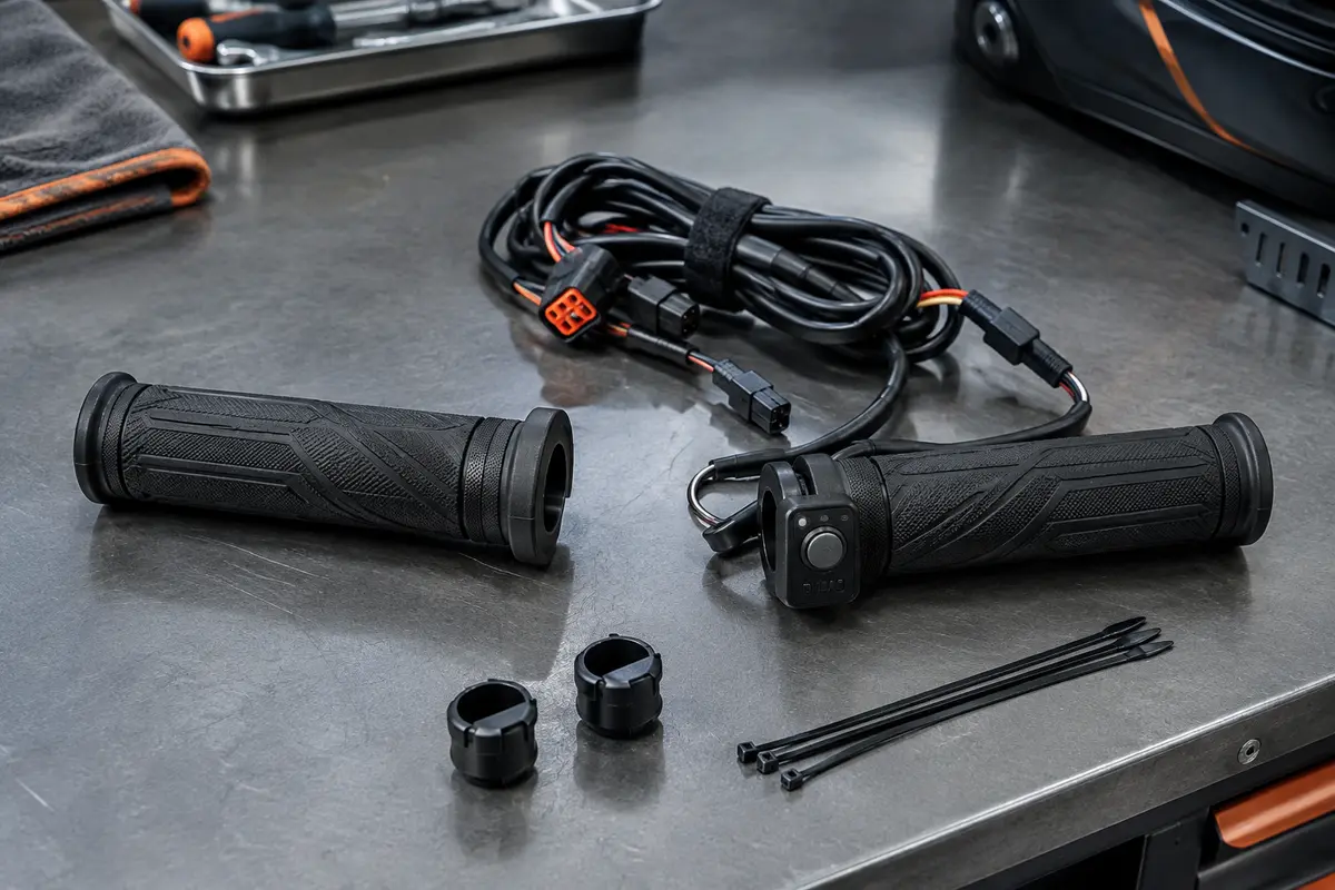 Kit de poignées chauffantes Daytona en silicone noir avec commande intégrée, câblage et capuchons.
