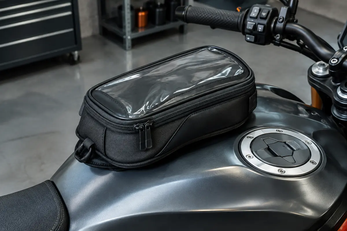 Petite sacoche de réservoir noire avec fenêtre tactile transparente, posée sur un réservoir métallique de moto.