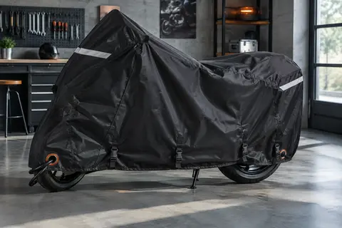 Housse moto noire avec bandes réfléchissantes, boucles réglables et passages pour antivol