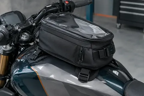 Sacoche de réservoir noire avec fixation magnétique, sangle et poche transparente pour téléphone