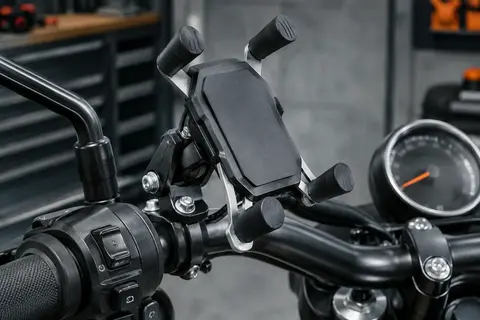 Support téléphone Estralia noir fixé sur un guidon de moto, avec bras réglables et tête orientable.