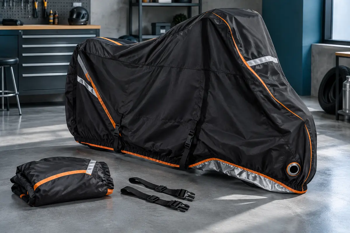 Housse moto noire à accents orange avec sangles, œillet antivol et bandes réfléchissantes dans un atelier sobre