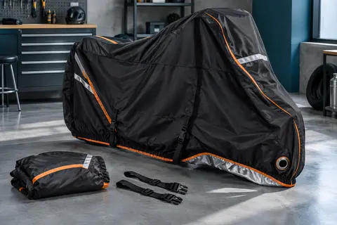 Housse moto noire à accents orange avec sangles, œillet antivol et bandes réfléchissantes dans un atelier sobre