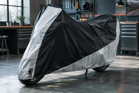 Housse de moto extérieure noire et argentée posée sur un deux-roues dans un atelier sobre.