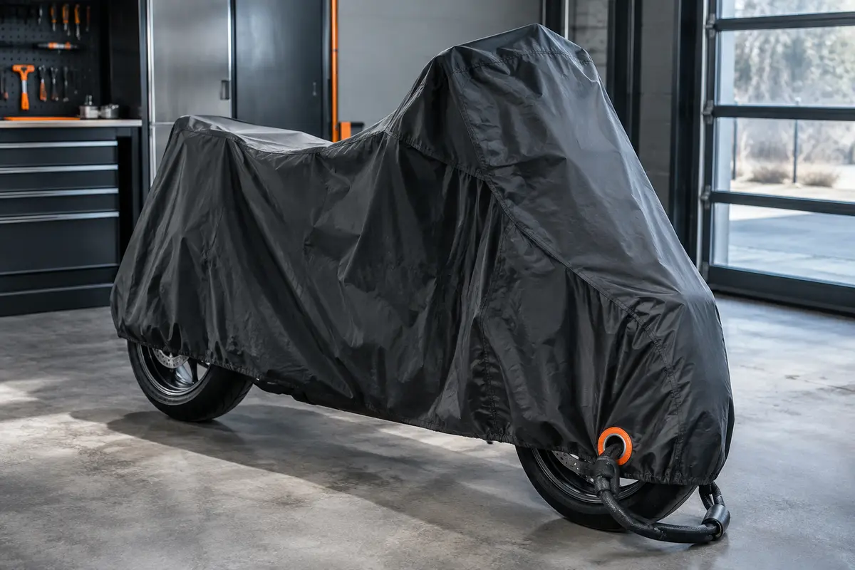 Housse moto Favoto noire couvrant un deux-roues dans un atelier, avec passage pour antivol visible