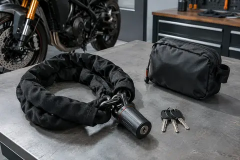 Chaîne antivol noire de 1 m avec serrure, trois clés et sac de rangement sur un établi d’atelier moto