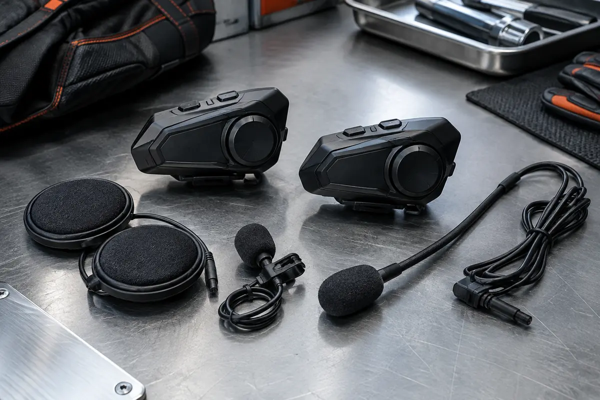 Deux intercoms moto noirs avec haut-parleurs, mini-microphone et microphone flexible sur un établi