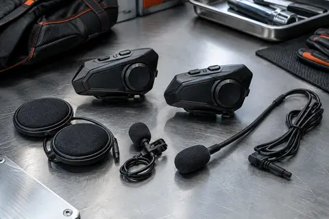 Deux intercoms moto noirs avec haut-parleurs, mini-microphone et microphone flexible sur un établi