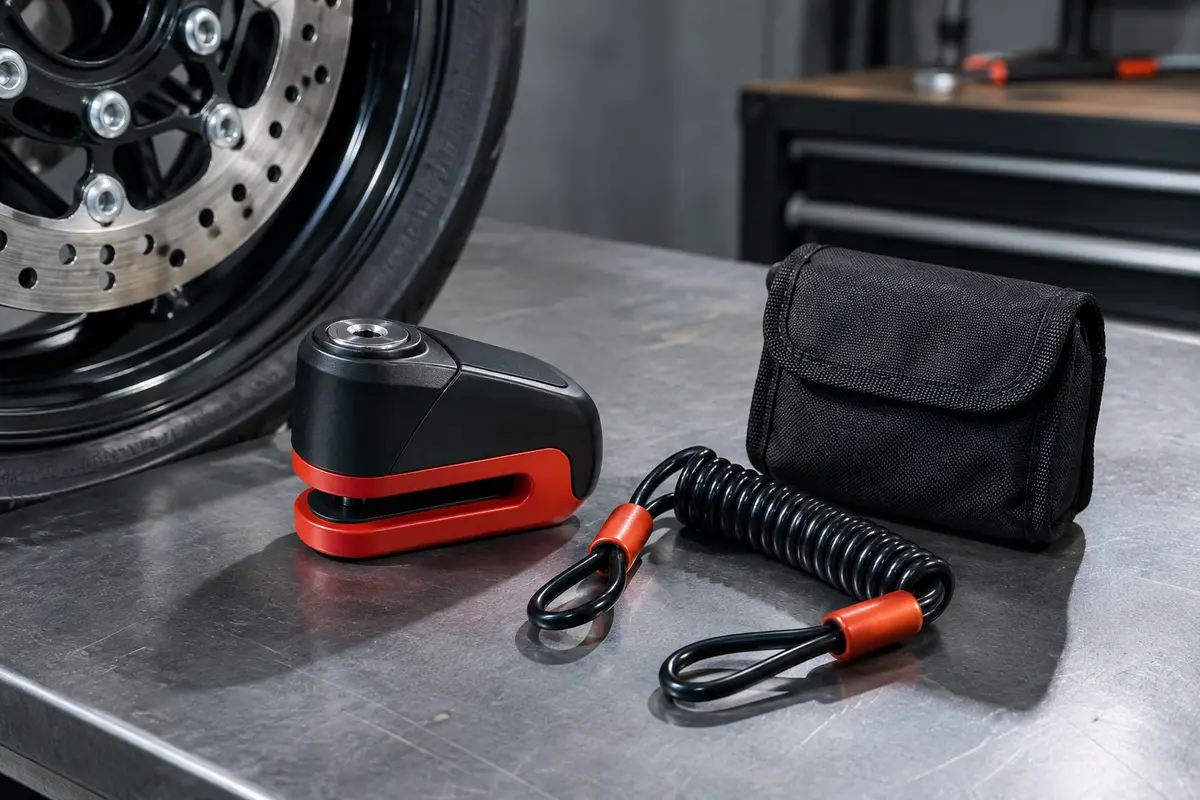 Bloque-disque noir et rouge avec câble de rappel et sac posé près d’un disque de frein