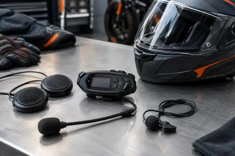 Intercom moto noir avec écran LCD, haut-parleurs et microphones rigide et souple posés près d’un casque.
