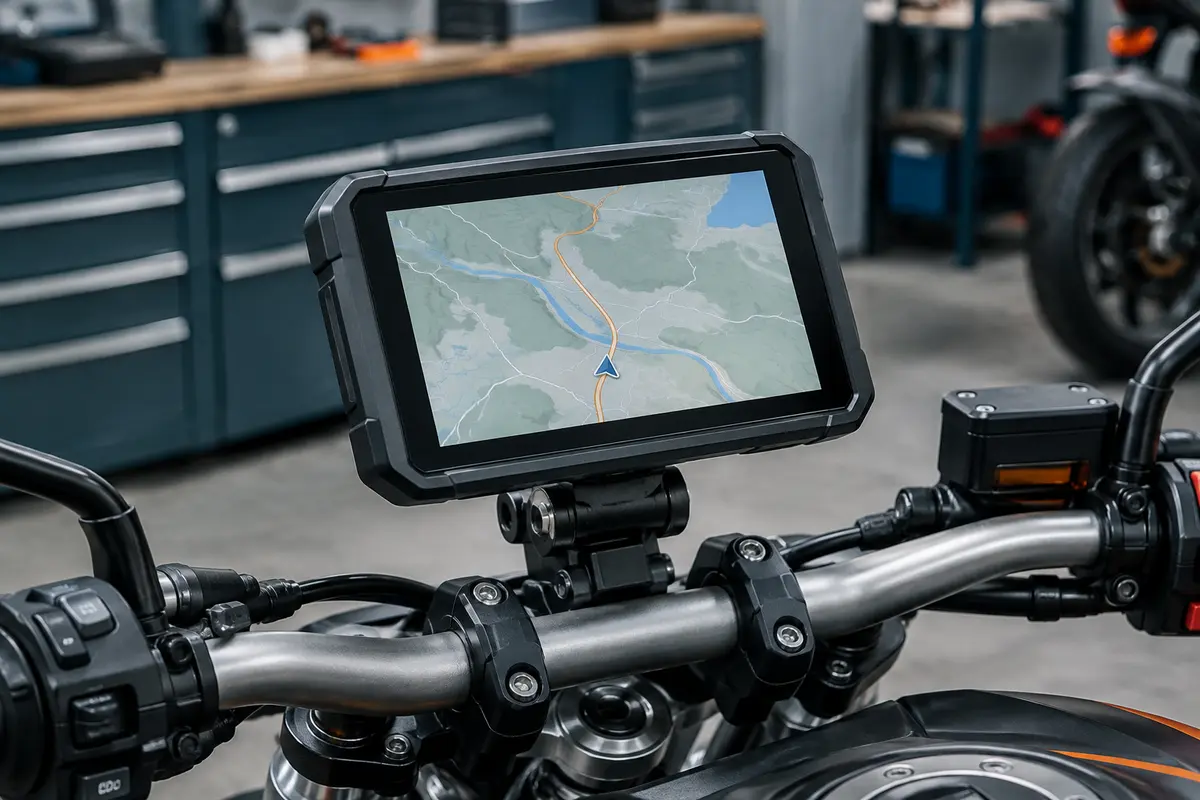 GPS moto noir à écran de 6 pouces fixé sur un support de guidon dans un atelier sobre