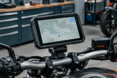 GPS moto noir à écran de 6 pouces fixé sur un support de guidon dans un atelier sobre
