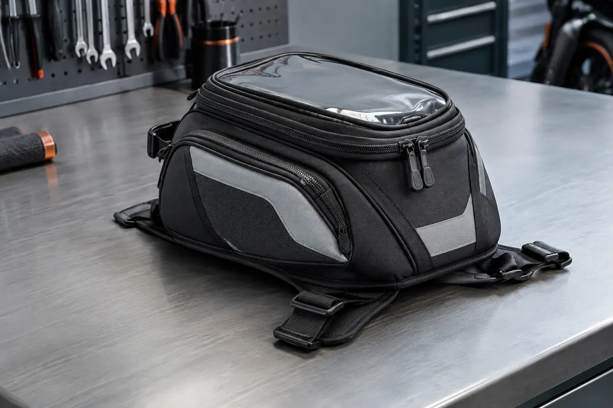 Sacoche de réservoir Givi Tanklock noire et argent, avec support de téléphone et rangements pour documents.