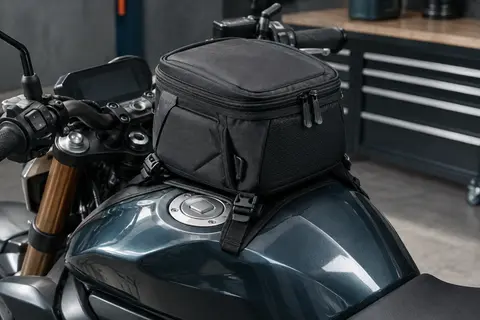 Sacoche de réservoir moto Givi noire, format compact, installée sur le réservoir d’une moto