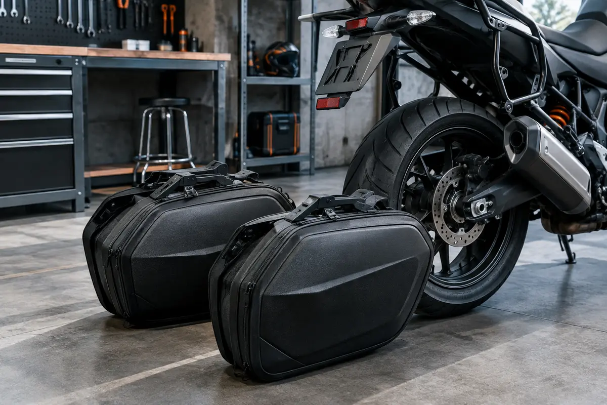 Paire de valises latérales noires Givi K33N présentée près de l’arrière d’une moto