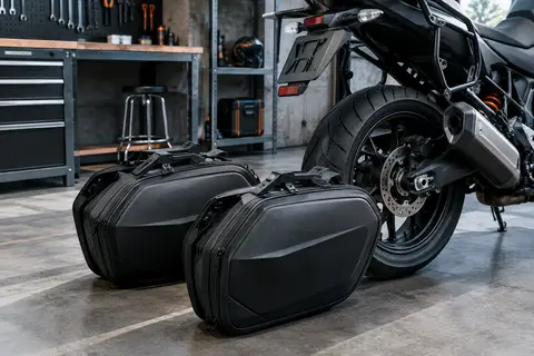 Paire de valises latérales noires Givi K33N présentée près de l’arrière d’une moto