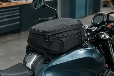 Sacoche de réservoir noire en nylon posée sur une moto dans un atelier sobre