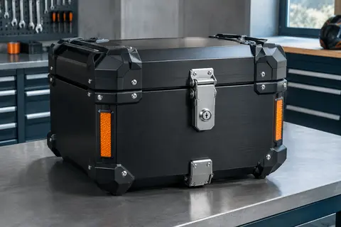 Top case moto noir en aluminium de 45 L, avec protections d’angles et éléments réfléchissants, posé dans un atelier.