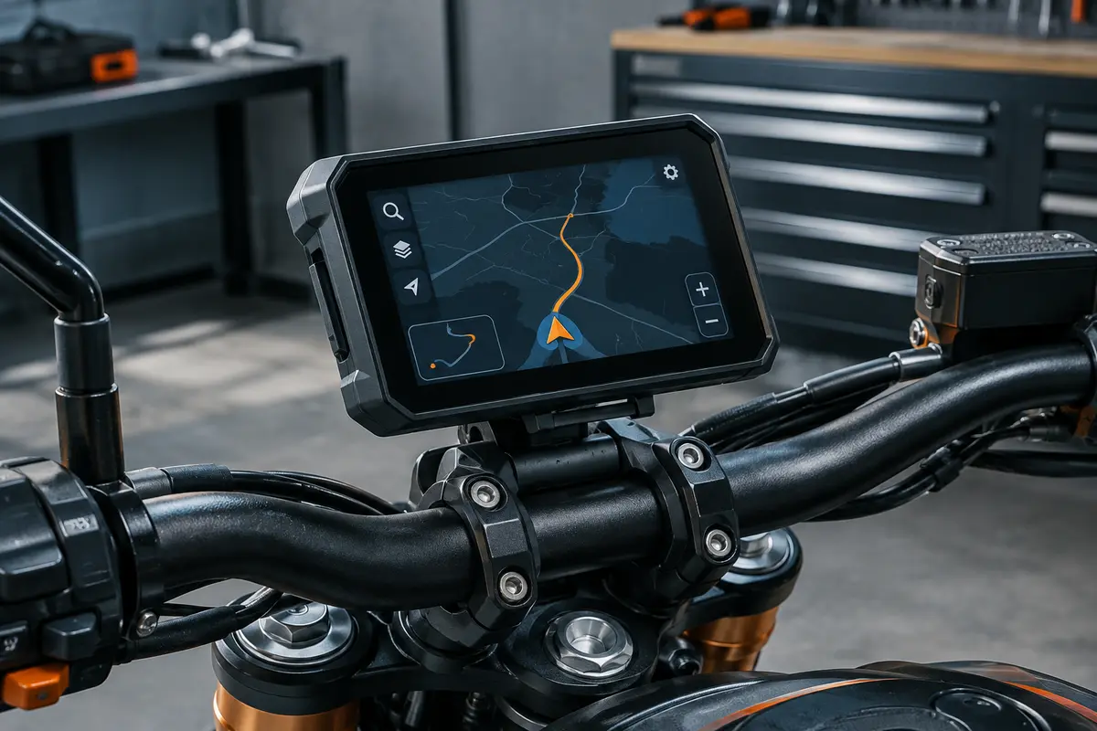 Écran GPS moto tactile de 5 pouces fixé au guidon dans un atelier sobre
