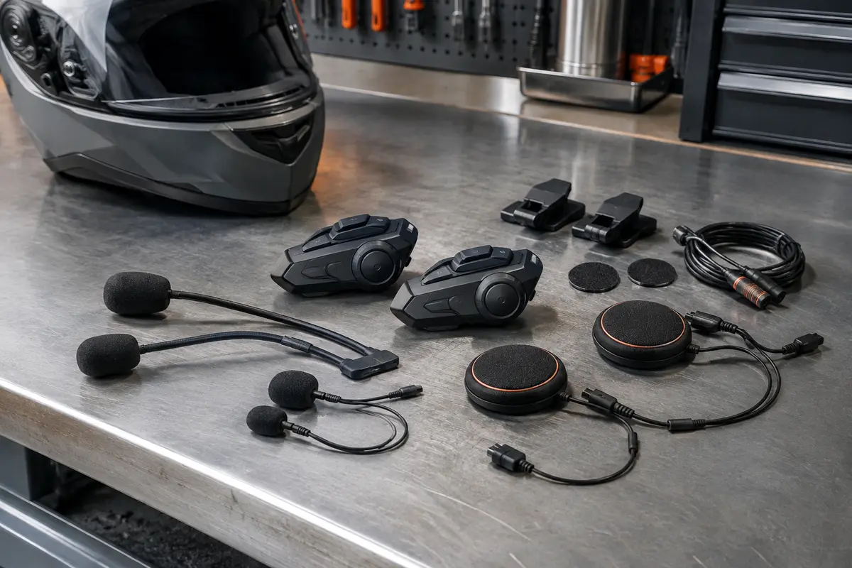 Kit intercom moto noir avec deux unités, haut-parleurs et microphones présenté sur un établi d’atelier.
