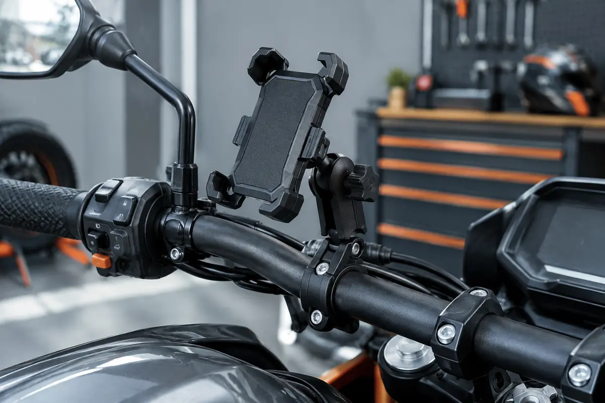 Support téléphone moto Grefay noir orientable fixé sur un guidon dans un atelier sobre.