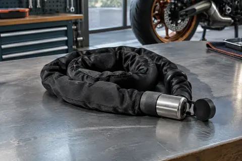 Chaîne antivol noire Grifema gainée de nylon, enroulée sur un établi d’atelier avec sa serrure à clé visible.