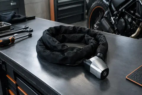 Chaîne antivol noire de 120 cm à combinaison, présentée avec sa housse et sa tête de verrouillage