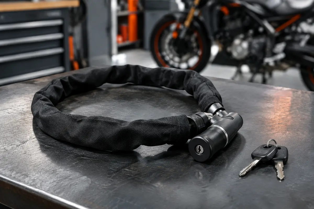 Chaîne antivol Homoto noire gainée de tissu, avec sa serrure à clé et deux clés sur un établi d’atelier moto.