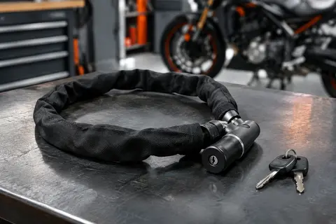 Chaîne antivol Homoto noire gainée de tissu, avec sa serrure à clé et deux clés sur un établi d’atelier moto.