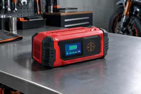 Chargeur de batterie 12 V rouge avec écran LCD couleur posé sur un établi d’atelier moto