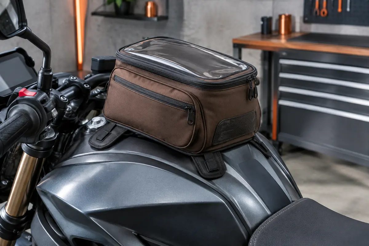 Sacoche de réservoir moto marron avec poche transparente pour téléphone, posée sur le réservoir d’une moto