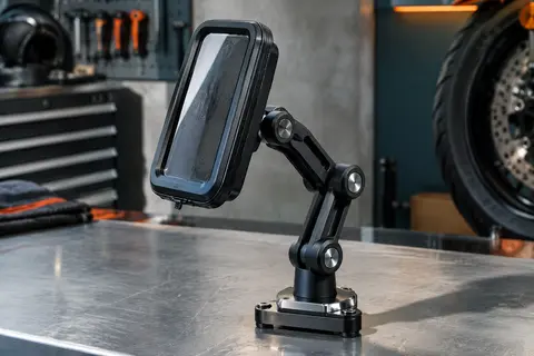 Support téléphone moto noir avec boîtier tactile, base en aluminium et bras articulé à double rotule