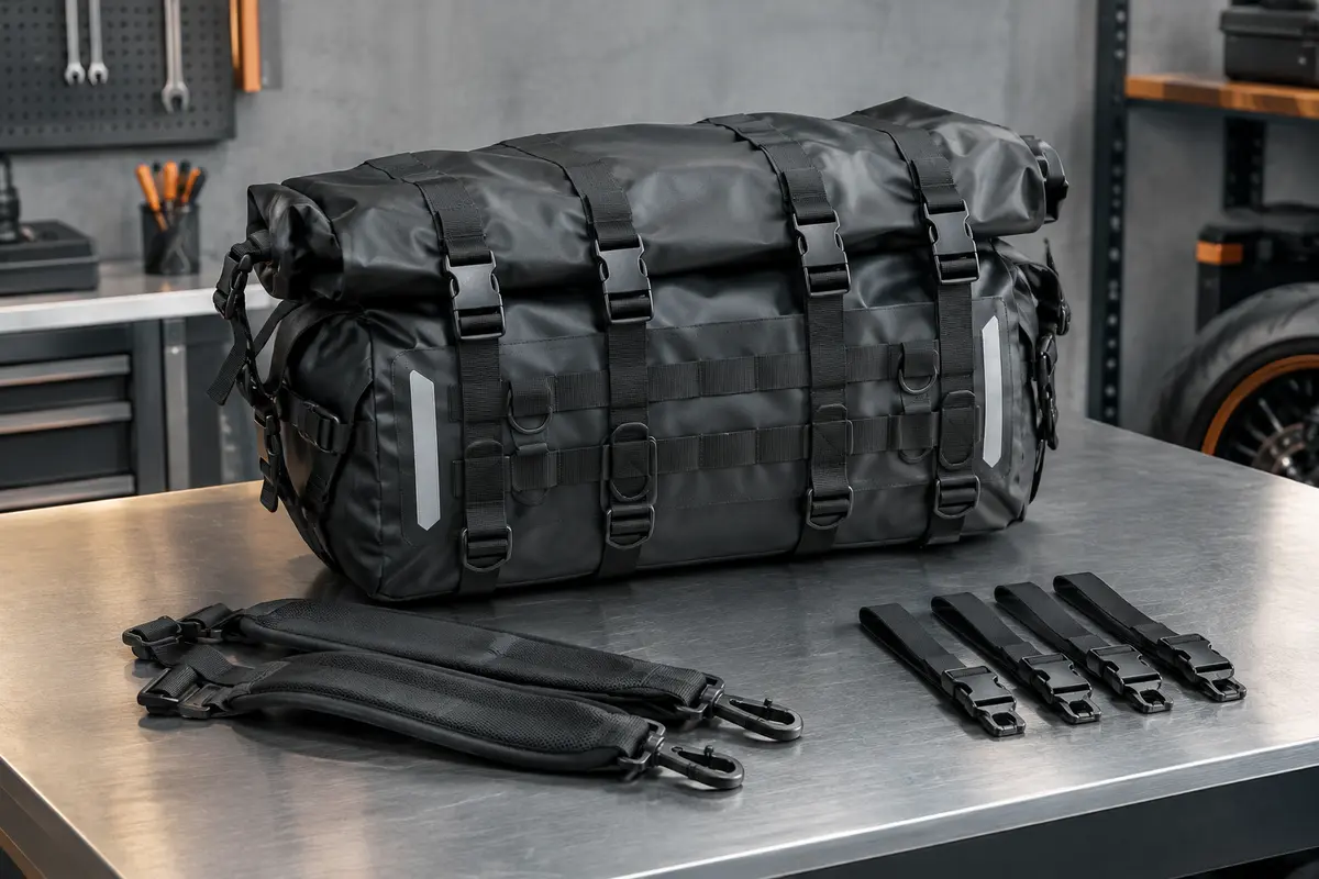 Sacoche arrière moto noire en PVC avec fermeture roulée, sangles, attaches MOLLE et bretelles amovibles