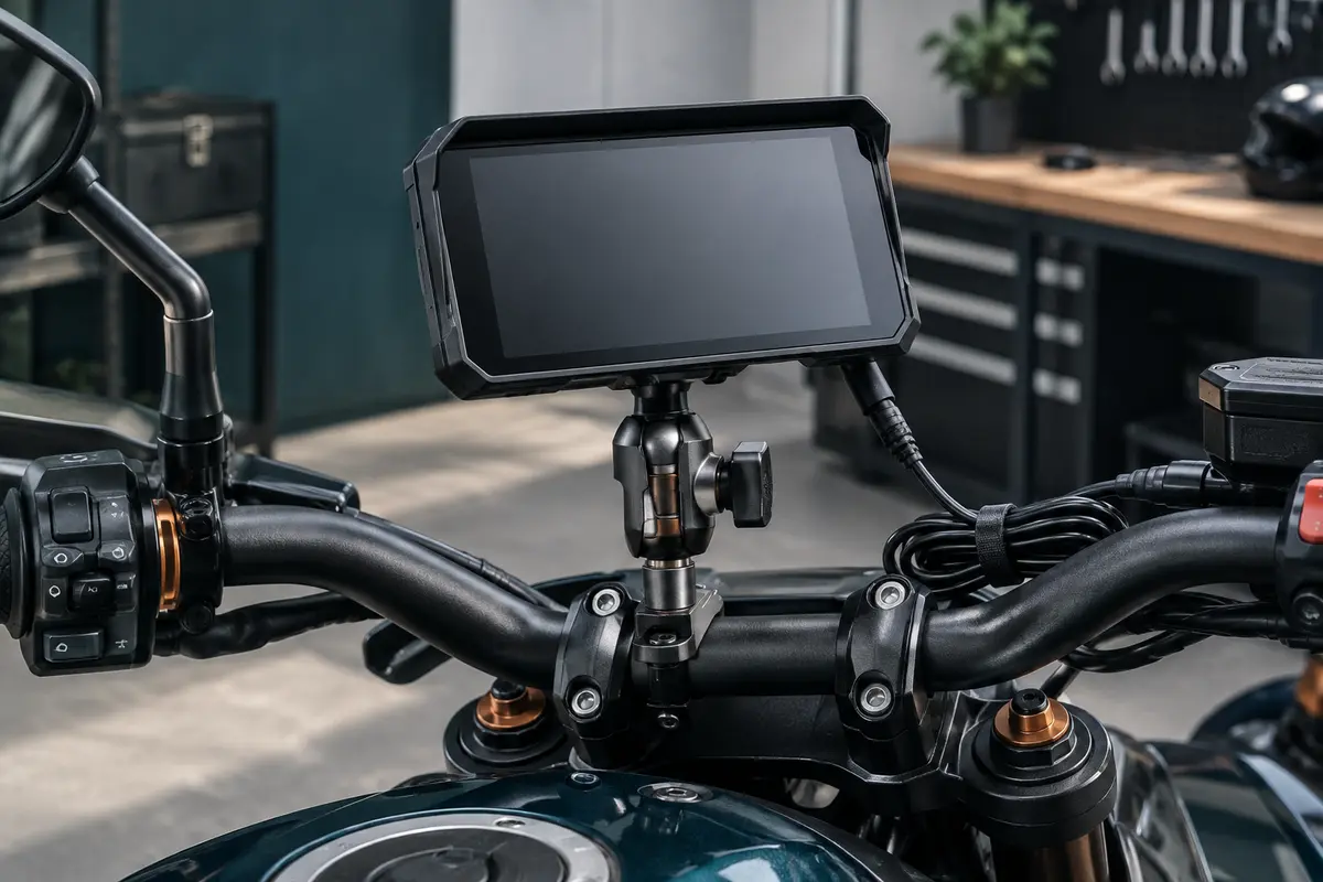Écran tactile moto de 7 pouces monté sur un support à rotule en alliage d’aluminium