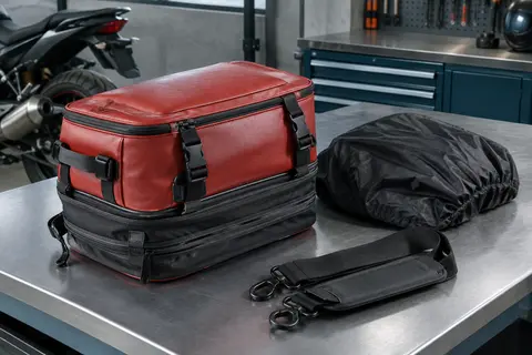 Sacoche de selle moto rouge extensible en PU, avec sangles, housse anti-pluie et bandoulière