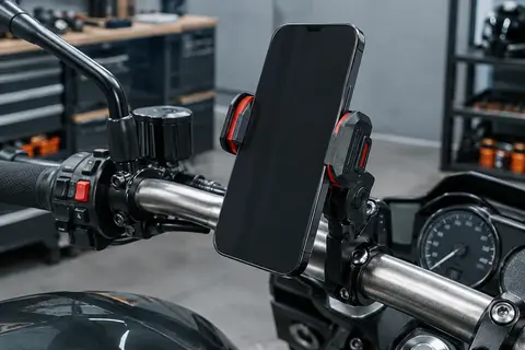 Support téléphone Joyroom noir et rouge fixé sur un guidon de moto dans un atelier sobre