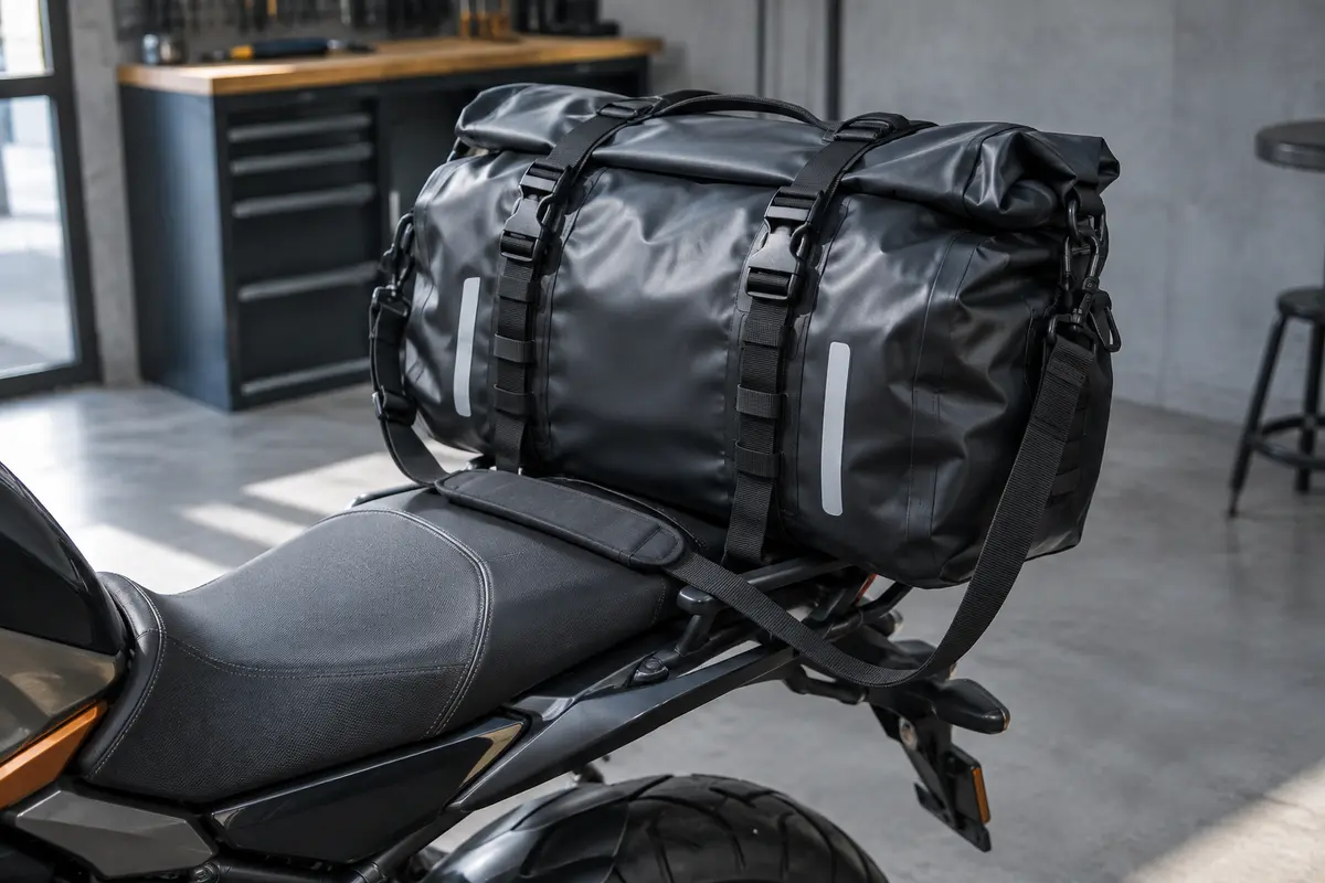 Sacoche arrière moto noire de 65 L avec sangles rapides, fermeture par enroulement et bandes réfléchissantes