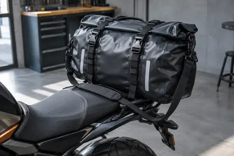 Sacoche arrière moto noire de 65 L avec sangles rapides, fermeture par enroulement et bandes réfléchissantes