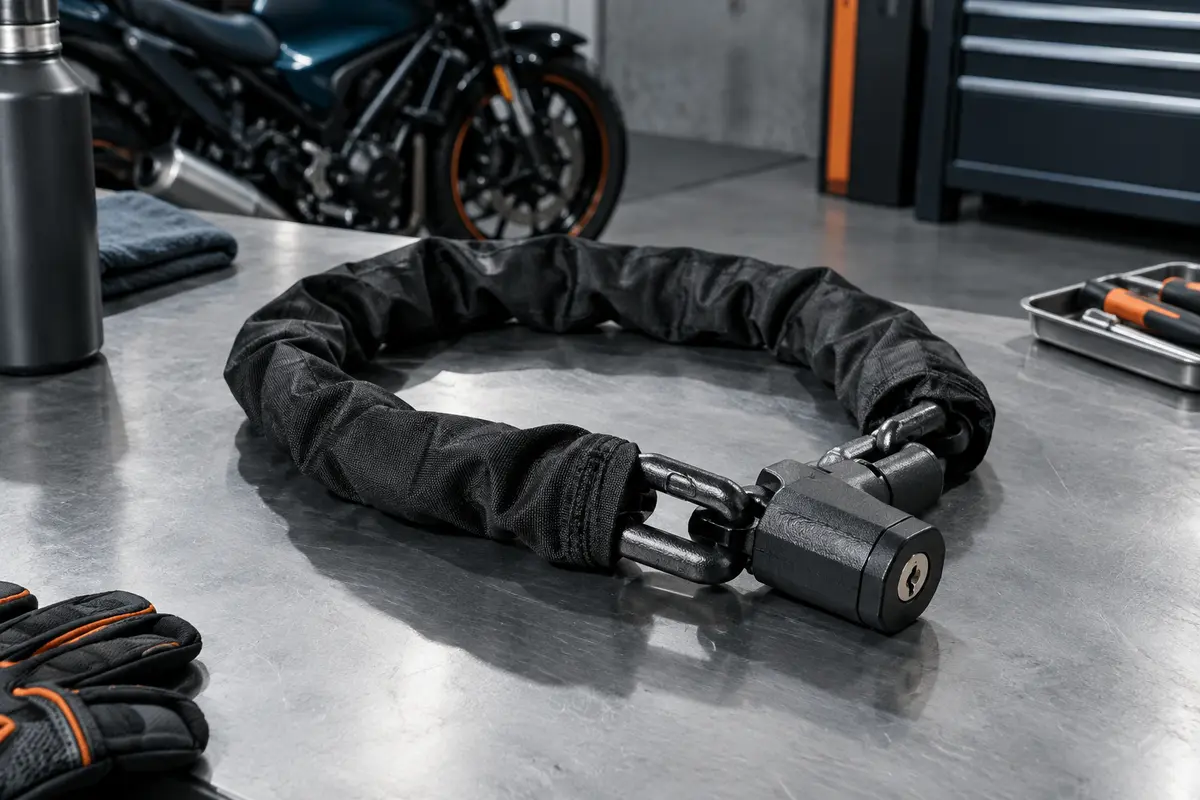 Chaîne antivol noire Kohlburg avec maillons épais et serrure à cylindre, présentée sur un établi d’atelier moto.