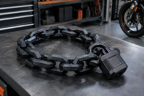 Chaîne antivol moto noire à maillons épais avec son cadenas, posée dans un atelier soigné.