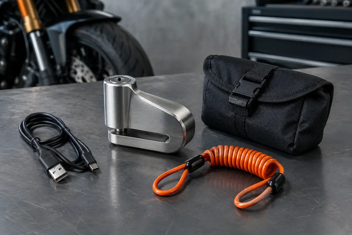 Bloque-disque alarme KR7Y en acier allié présenté avec son câble USB, son câble de rappel et son sac de transport.