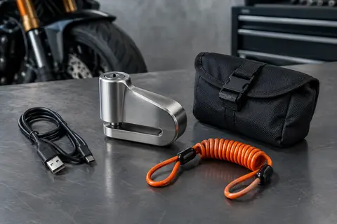Bloque-disque alarme KR7Y en acier allié présenté avec son câble USB, son câble de rappel et son sac de transport.