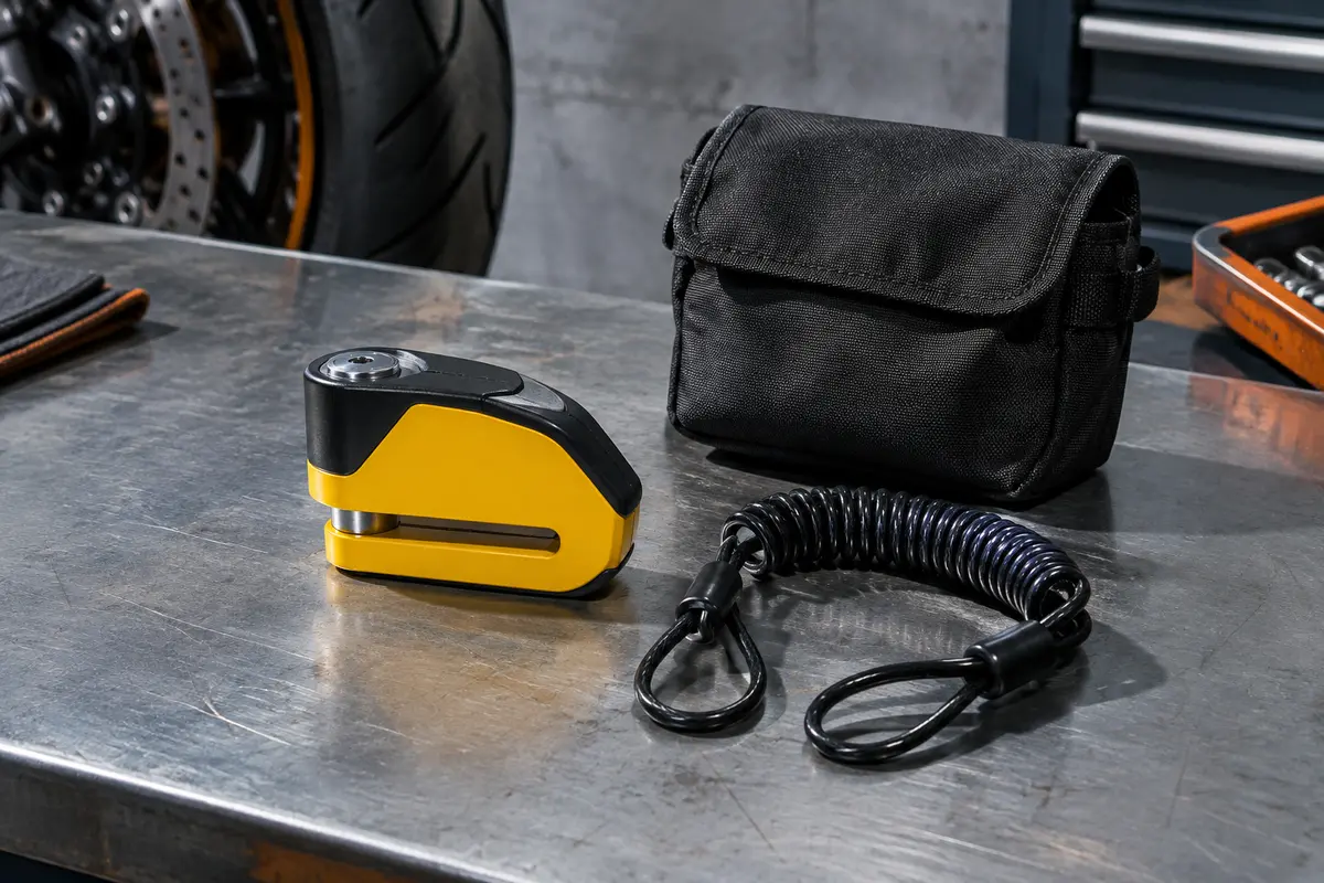 Bloque-disque d’alarme Kraser jaune et noir avec câble de rappel, posé sur un établi d’atelier moto