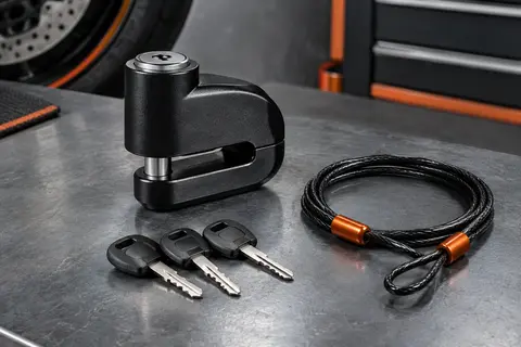 Bloque-disque moto mini U noir avec ses trois clés et son câble de rappel sur un établi d’atelier