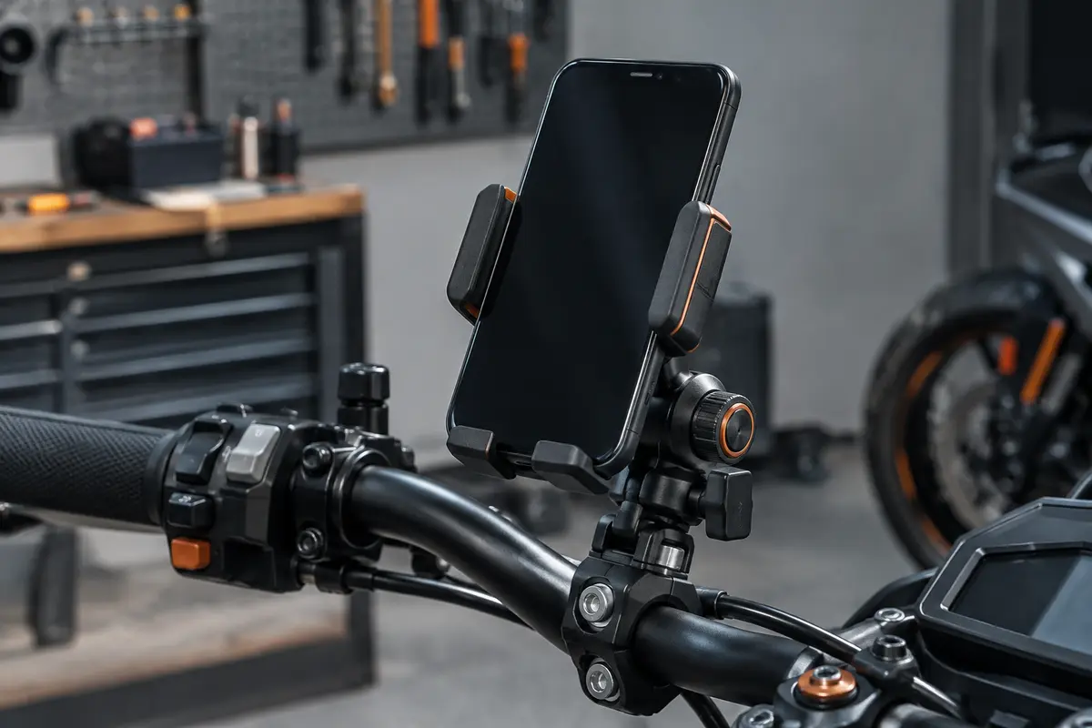 Support téléphone moto Lamicall noir fixé au guidon, avec bras de maintien en silicone et rotule orientable.