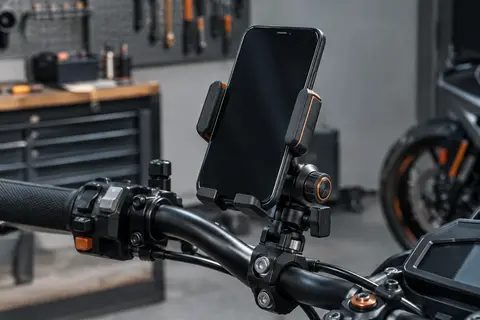 Support téléphone moto Lamicall noir fixé au guidon, avec bras de maintien en silicone et rotule orientable.