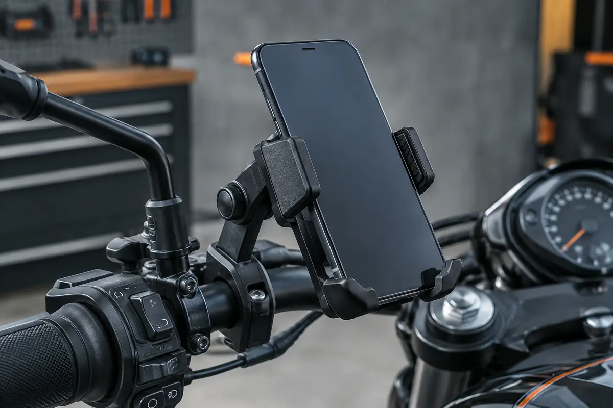 Support de téléphone noir Lamicall fixé sur un guidon de moto avec un smartphone en place