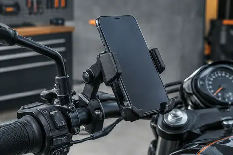 Support de téléphone noir Lamicall fixé sur un guidon de moto avec un smartphone en place