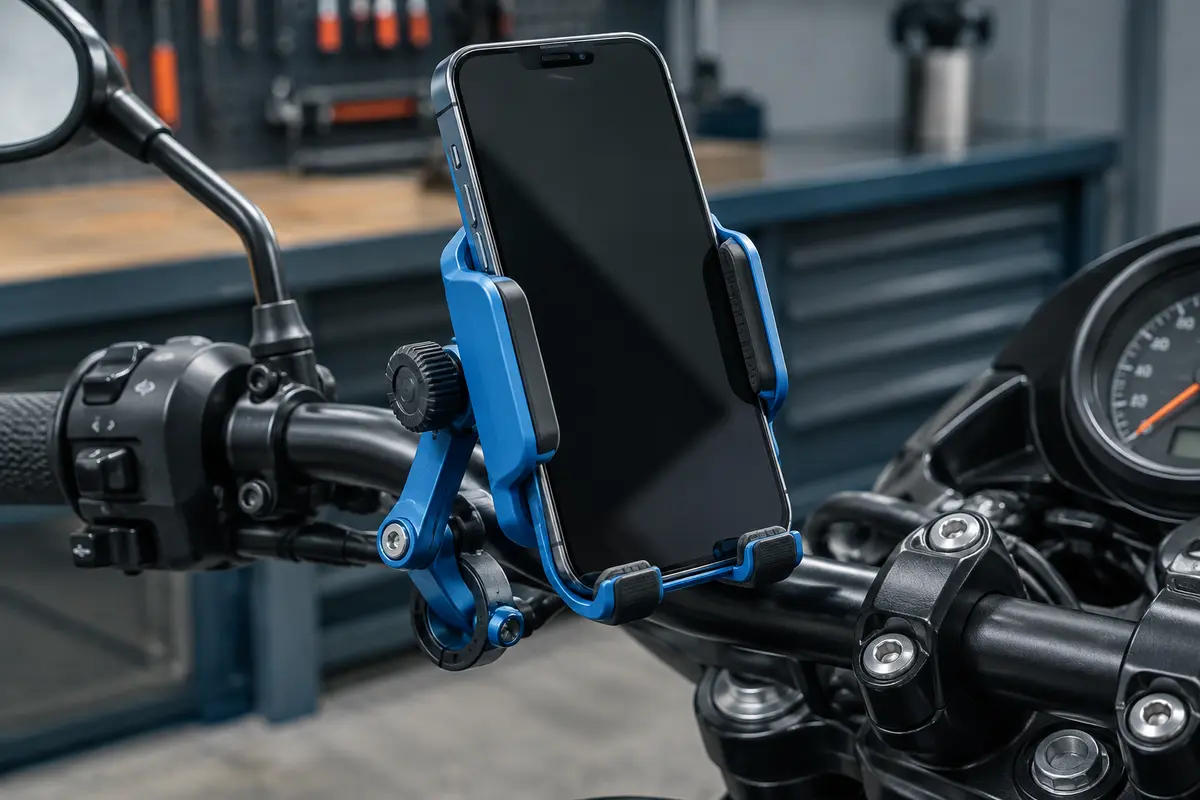 Support de téléphone Lamicall bleu fixé au guidon d’une moto, avec pince réglable et patins en silicone.